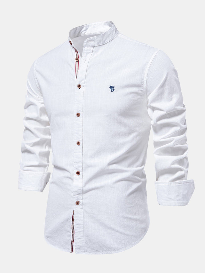 Chemise Col Montant à Manches Longues Effet Lin & Pantalon Droit en Lin