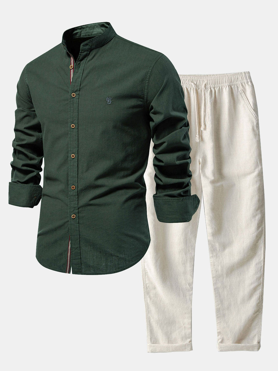 Chemise Col Montant à Manches Longues Effet Lin & Pantalon Droit en Lin