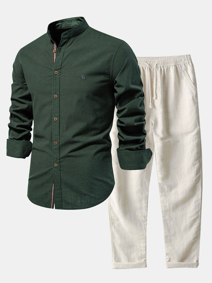 Chemise Col Montant à Manches Longues Effet Lin & Pantalon Droit en Lin