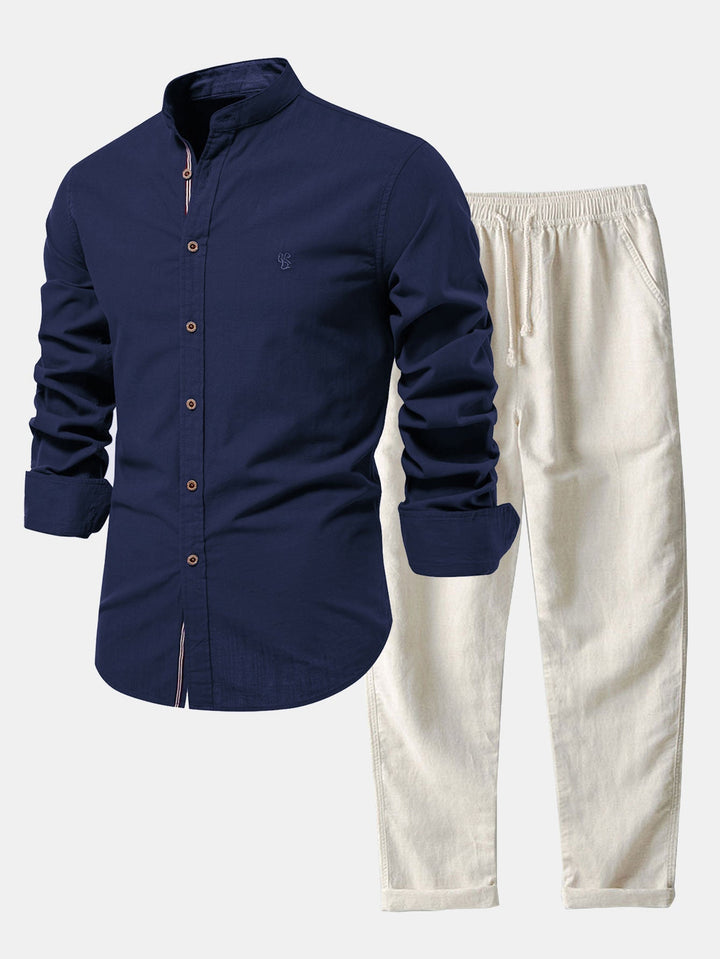 Chemise Col Montant à Manches Longues Effet Lin & Pantalon Droit en Lin