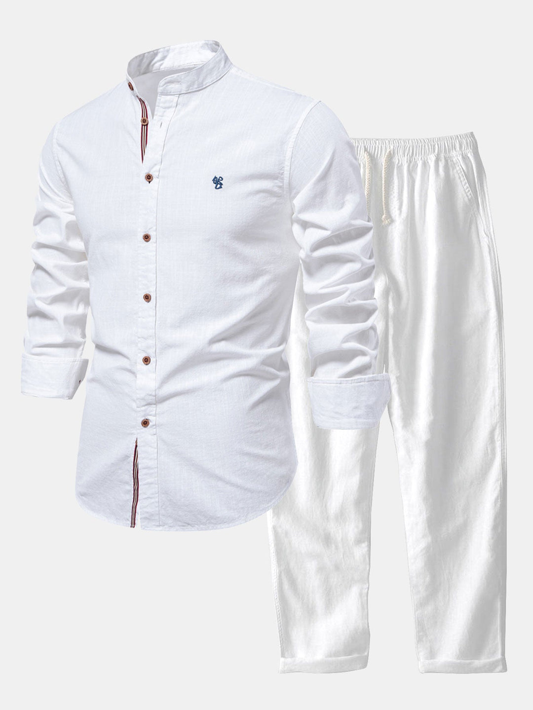 Chemise Col Montant à Manches Longues Effet Lin & Pantalon Droit en Lin