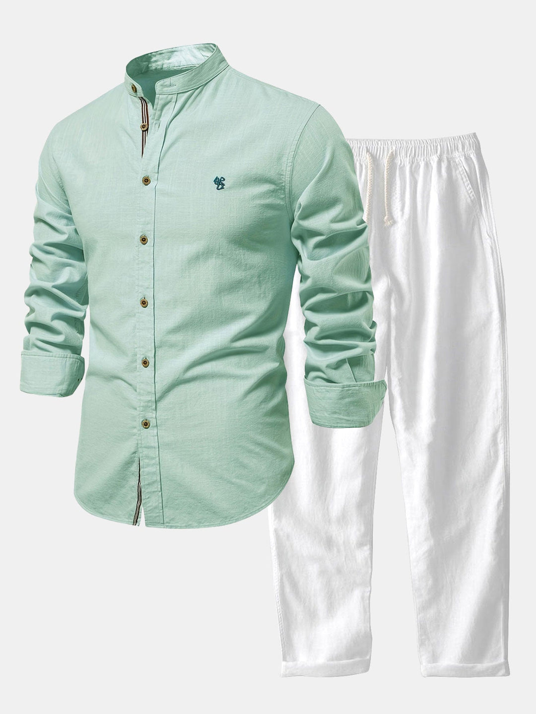 Chemise Col Montant à Manches Longues Effet Lin & Pantalon Droit en Lin