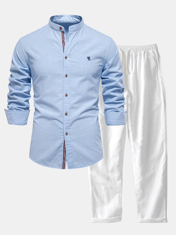 Chemise Col Montant à Manches Longues Effet Lin & Pantalon Droit en Lin