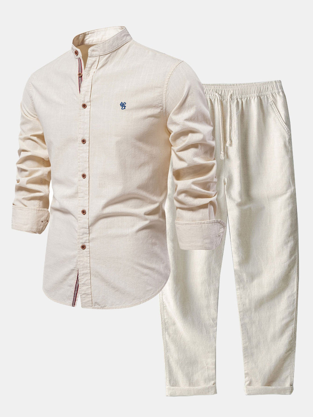 Chemise Col Montant à Manches Longues Effet Lin & Pantalon Droit en Lin
