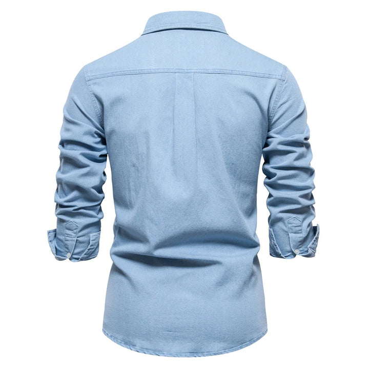 "Chemise en Denim pour Hommes TailorFlex" can be rewritten as "Chemise en Denim Homme TailorFlex".