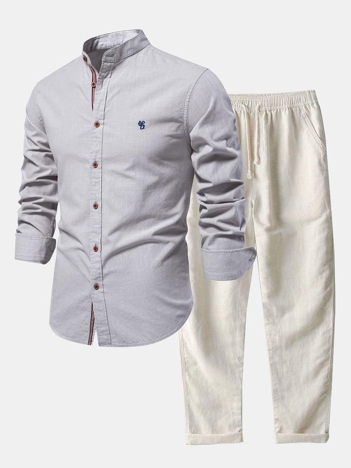 Chemise Col Montant à Manches Longues Effet Lin & Pantalon Droit en Lin