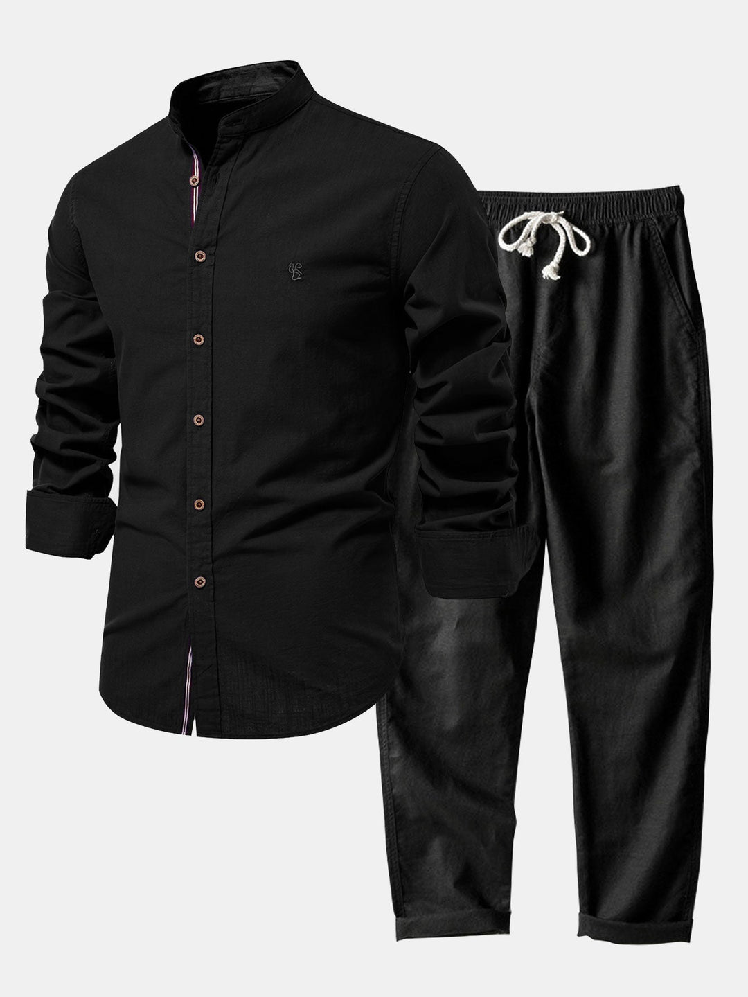Chemise Col Montant à Manches Longues Effet Lin & Pantalon Droit en Lin