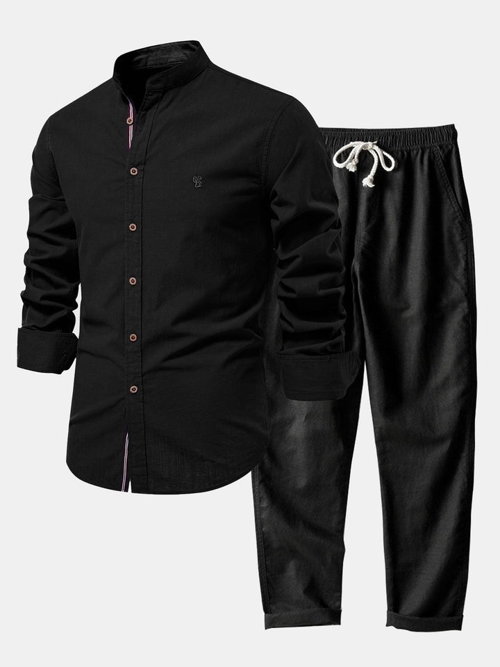 Chemise Col Montant à Manches Longues Effet Lin & Pantalon Droit en Lin