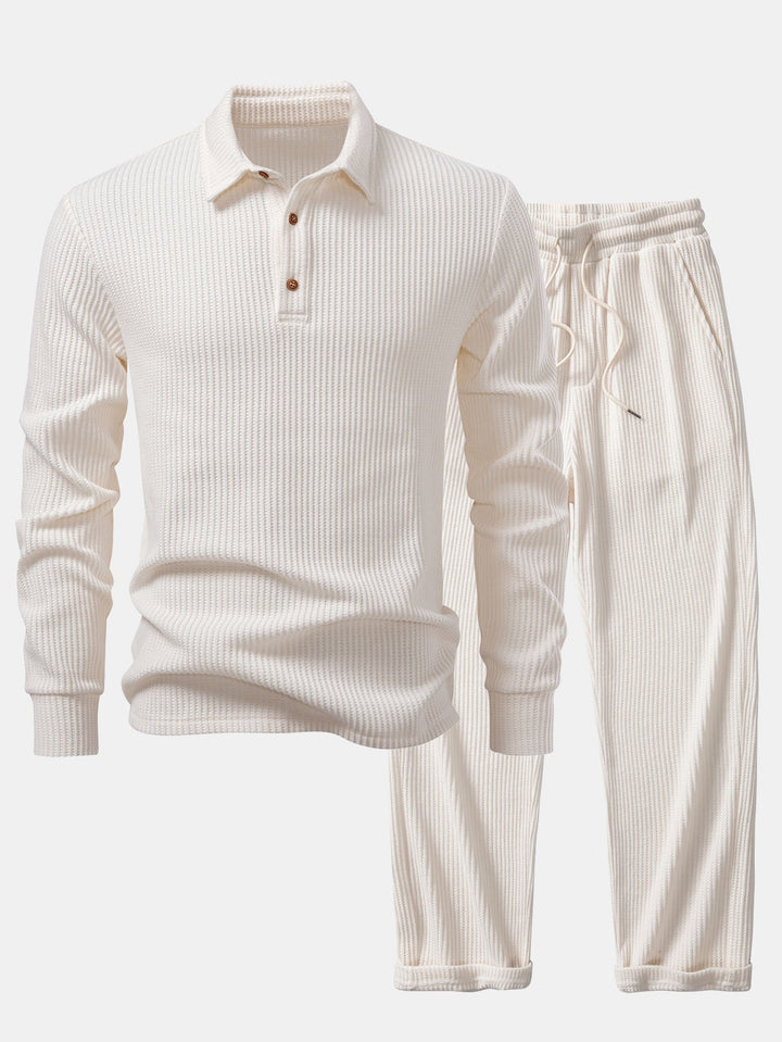 Ensemble Polo et Pantalon Tricoté Waffle à Manches Longues