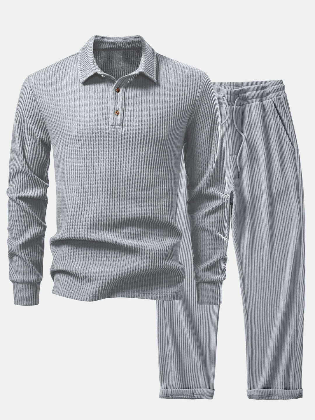 Ensemble Polo et Pantalon Tricoté Waffle à Manches Longues