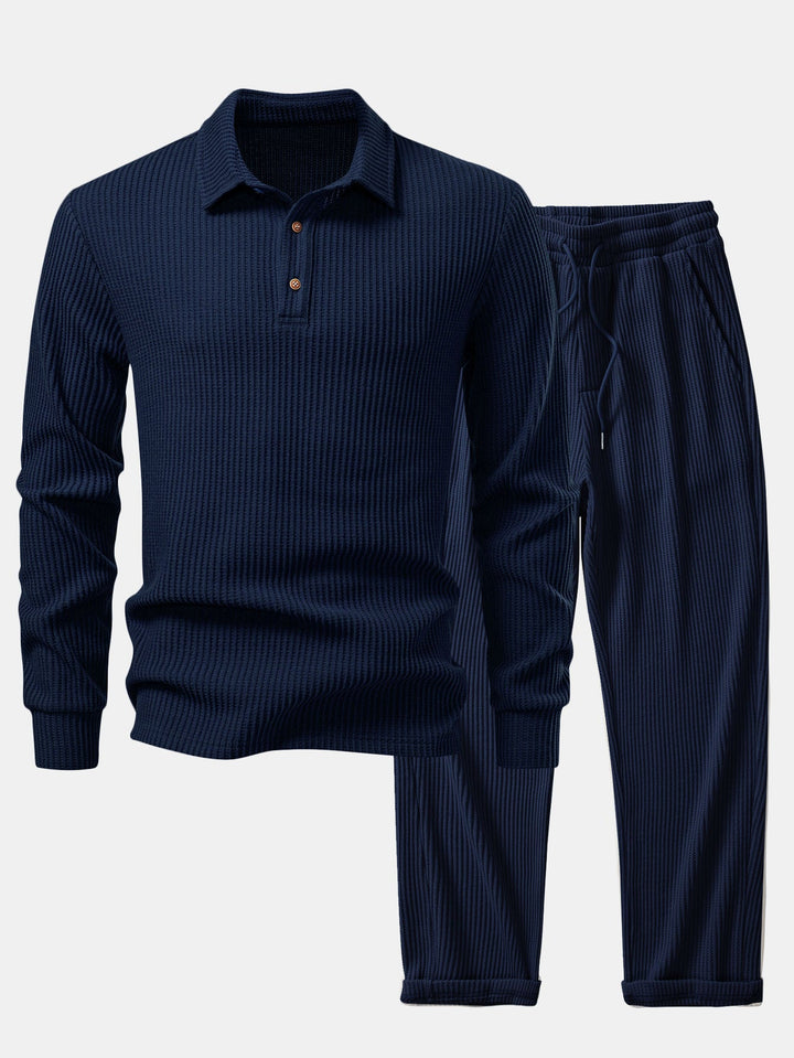 Ensemble Polo et Pantalon Tricoté Waffle à Manches Longues
