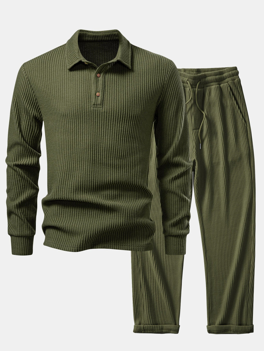 Ensemble Polo et Pantalon Tricoté Waffle à Manches Longues