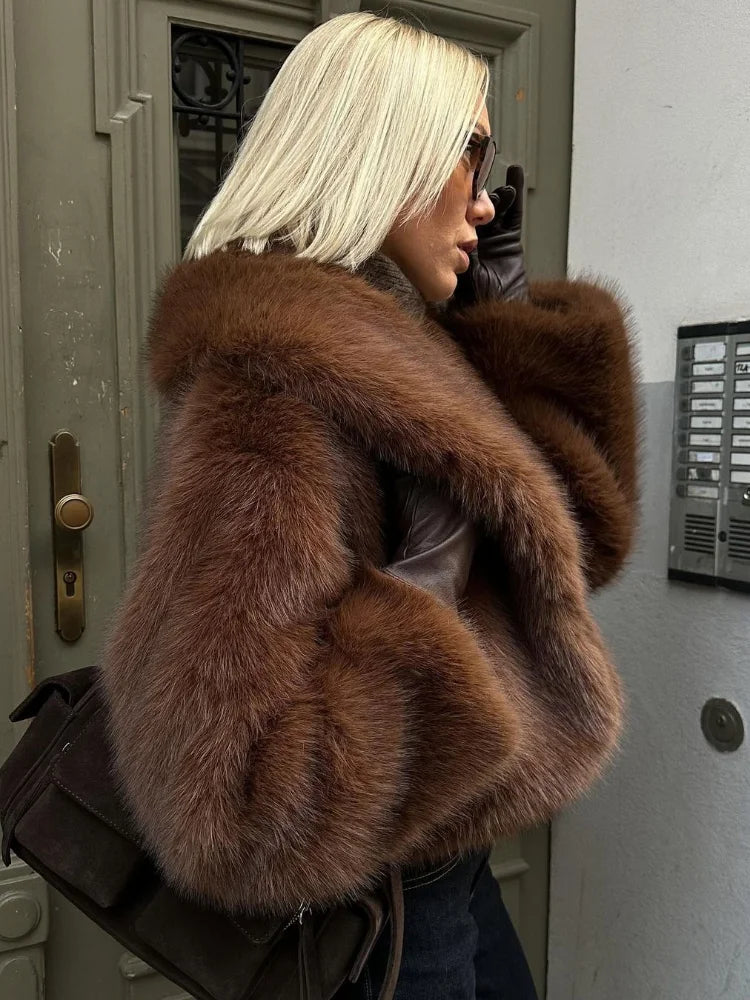 Veste Courte Chic en Fausse Fourrure Marron pour Femme