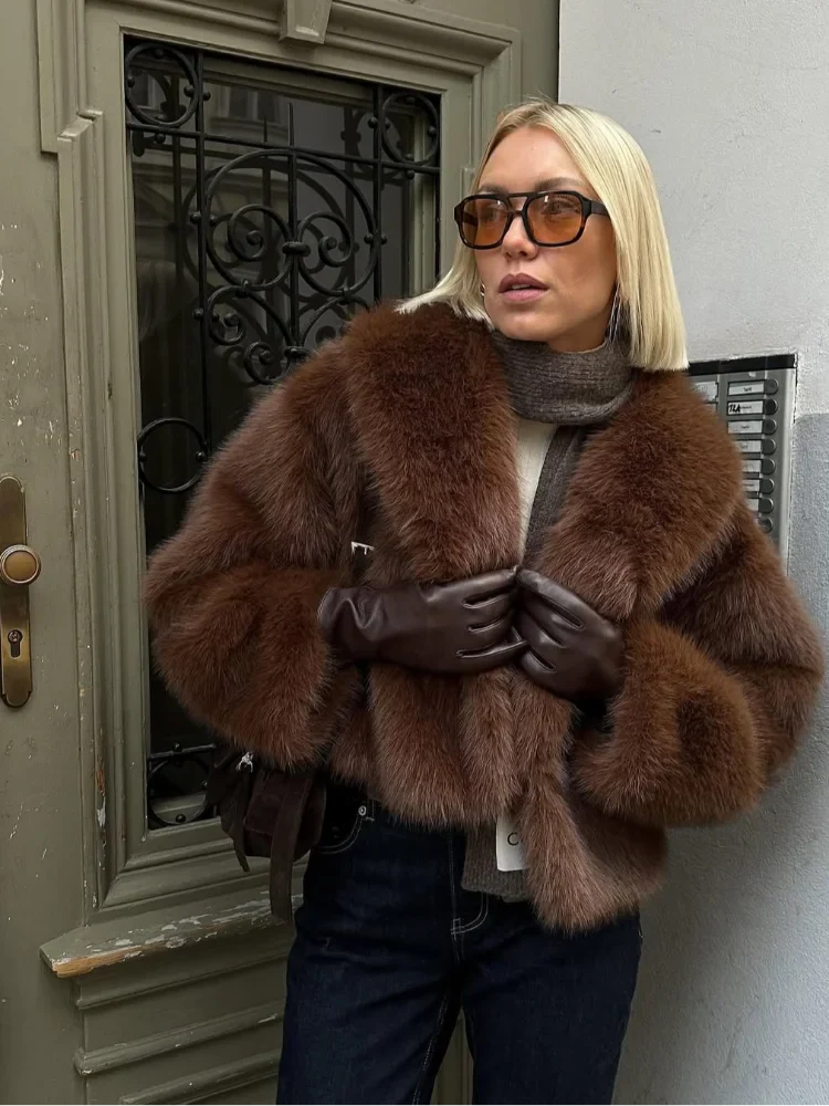 Veste Courte Chic en Fausse Fourrure Marron pour Femme