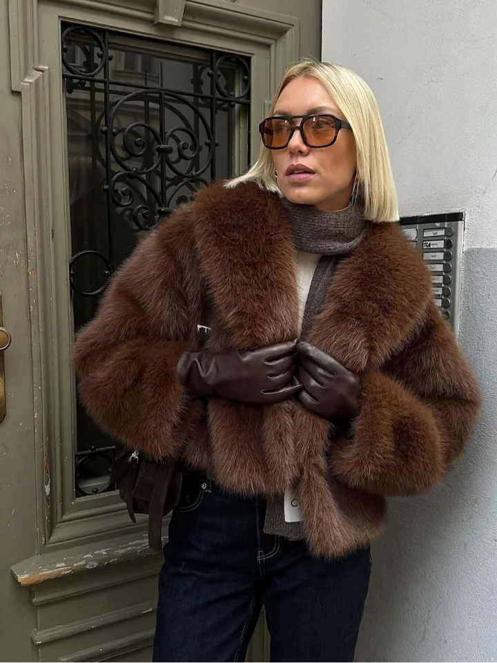 Veste Courte Chic en Fausse Fourrure Marron pour Femme