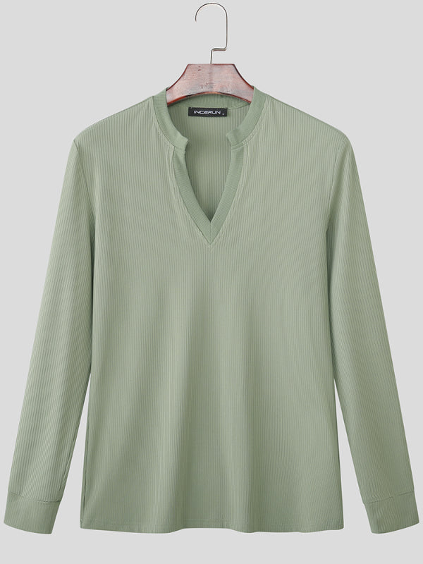 T-shirt Homme à Manches Longues en Maille Côtelée, Couleur Unie